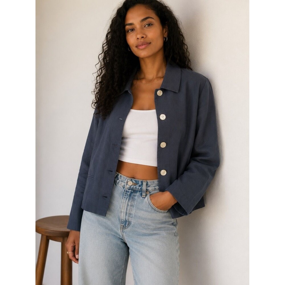 NWT Orvis Womens 10 Navy Linen Blend Button Front Casual Blazer